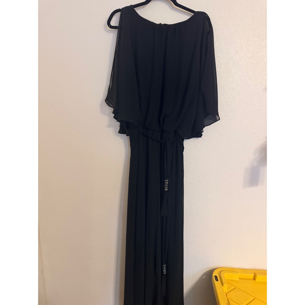 MSK Womens XL Black Cold Shoulder Chiffon Cape Sleeve Maxi Dress Beaded Belt